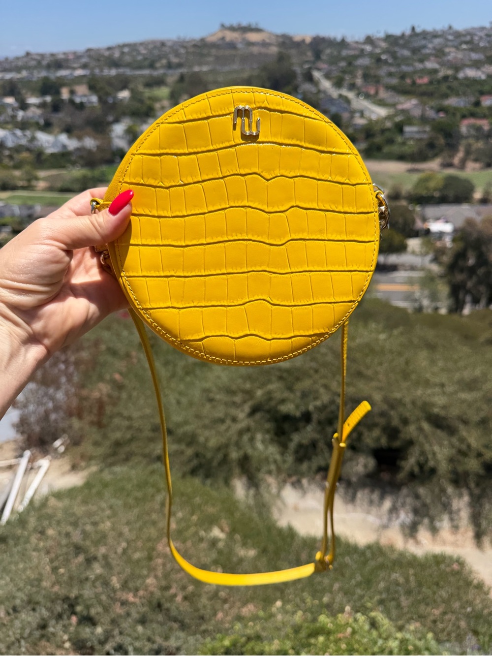 Maje Yellow Croc-Embossed Round Crossbody Bag